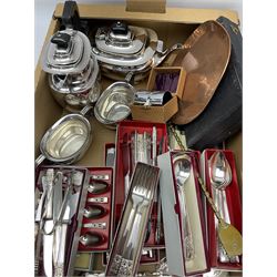 Group of mostly silver plate, to include four piece tea set, various flatware, including a number of cased and boxed sets, etc., in one box 