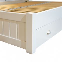 Downton 5' Kingsize contemporary white painted double bed frame, with tongue and groove style panelled headboard and footboard, slatted base and fitted with two underbed drawers with brushed steel cup handles