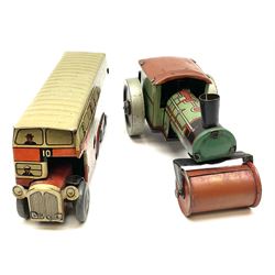Wells Brimtoy/Pocketoy - eight tin-plate/clockwork or friction-drive vehicles comprising London Trolley Bus, two Double Decker buses, Tour Coach, Greenline Coach, open truck, boxed British railways van and Steam Roller; seven unboxed; and Pocketoy die-cast clockwork saloon car  (9)