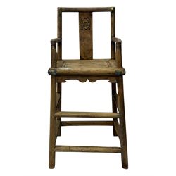 Late 19th century Chinese Qing dynasty high chair, rectangular back with central splat carved with stylised bat motif, applied brasswork to the arms and seat, on rounded supports with double stretcher