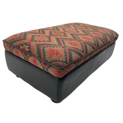 Barker and Stonehouse - rectangular footstool, upholstered in black leather and red and green geometric pattern fabric