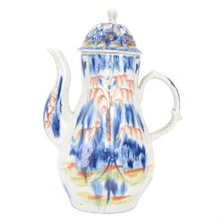 Rare mid 18th century West Pans coffee pot, circa 1764-1770, of baluster form, the moulded six lobed body decorated in underglaze blue with a chinoiserie landscape, picked out in red and green enamel, H26cm