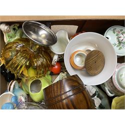 Four glass snuff bottles, together with assorted ceramics, including Carlton Ware cruet set,  in the form of a lady wearing a crinoline dress, Adams Calyx ware Singapore bird covered sucrier, etc  