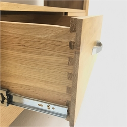  Light oak television stand, single shelf, two drawers, W110cm, H57cm, D41cm  