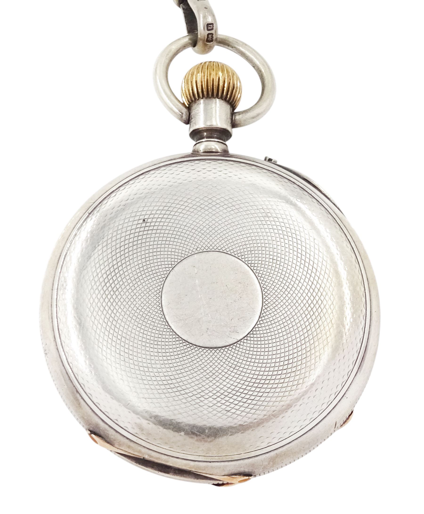Early 20th century silver open face keyless cylinder pocket watch, 'Examined by Barraud & Lunds, London', No. 4764, white enamel dial with Roman numeral hour markers and subsidiary seconds dial, Swiss hallmark, on silver Albert chain