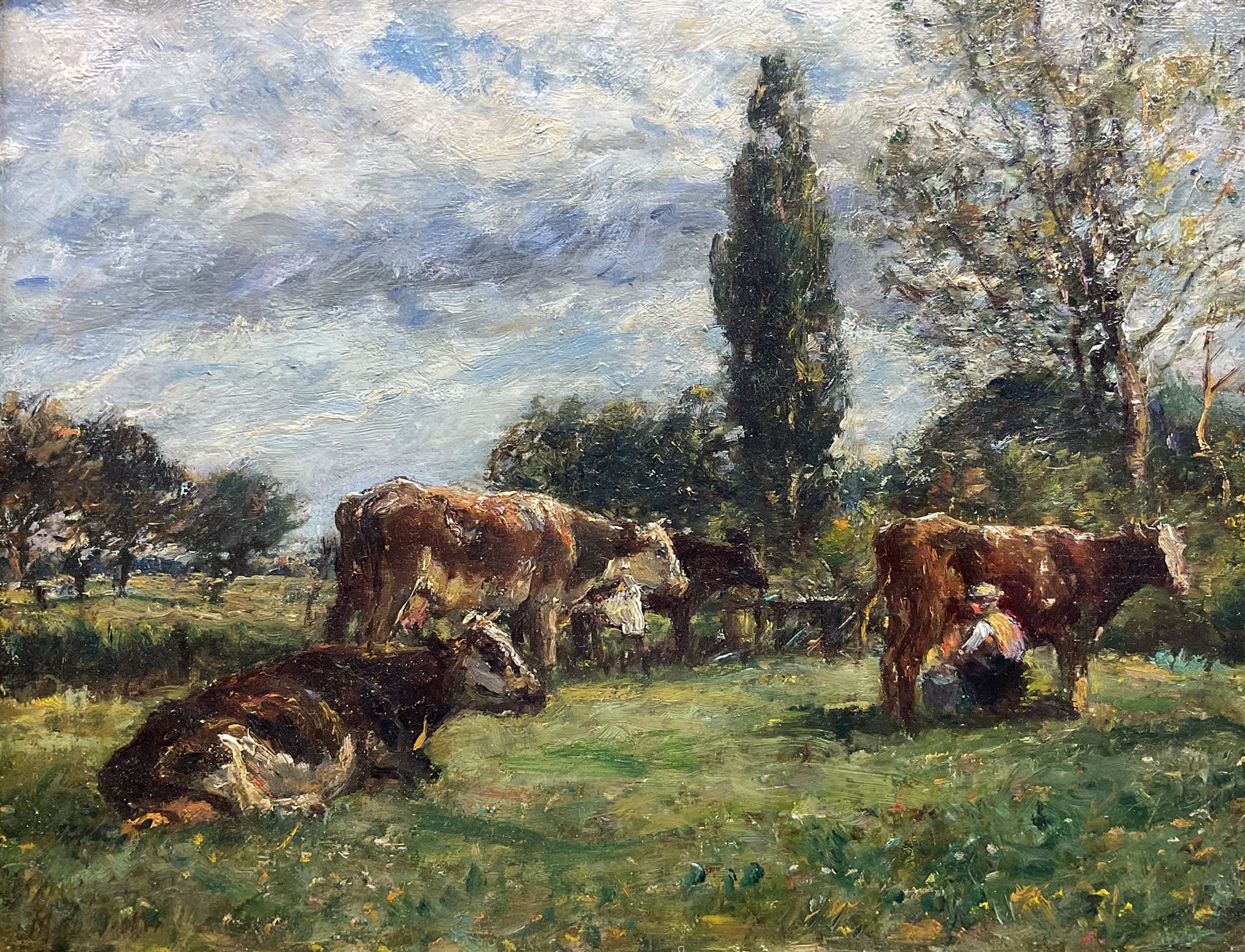 William Mark Fisher RA (American/British 1841-1923): Milking Time in the Cow Pasture, oil on canvas signed 24cm x 31cm 