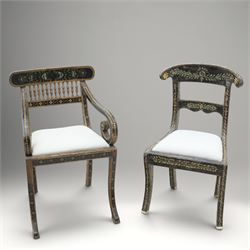 Early 20th century Anglo-Indian painted and inlaid armchairs, each with shaped top rail de...