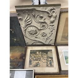 Collection of pictures to include John Carter (Northern British 1931-2007): 'Swaledale Farm - Winter', charcoal drawing; After Louis Wain (British 1860-1939): Mrs Tabitha's Cats' Academy', coloured print and J D Walker (British late 19th century): Carved Stone Detail of a Church, oil on board, variously signed titled and framed max 75cm x 56cm (8)