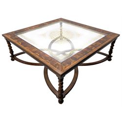  Jonathan Charles - large mahogany coffee table, the square oyster veneered top with verre églomisé inset, the glass hand-painted with gilt scrolling foliate patterns, raised on spiral turned supports with acanthus and gadroon carvings, united by interlocking demi-lune stretchers, on scrolled acanthus feet