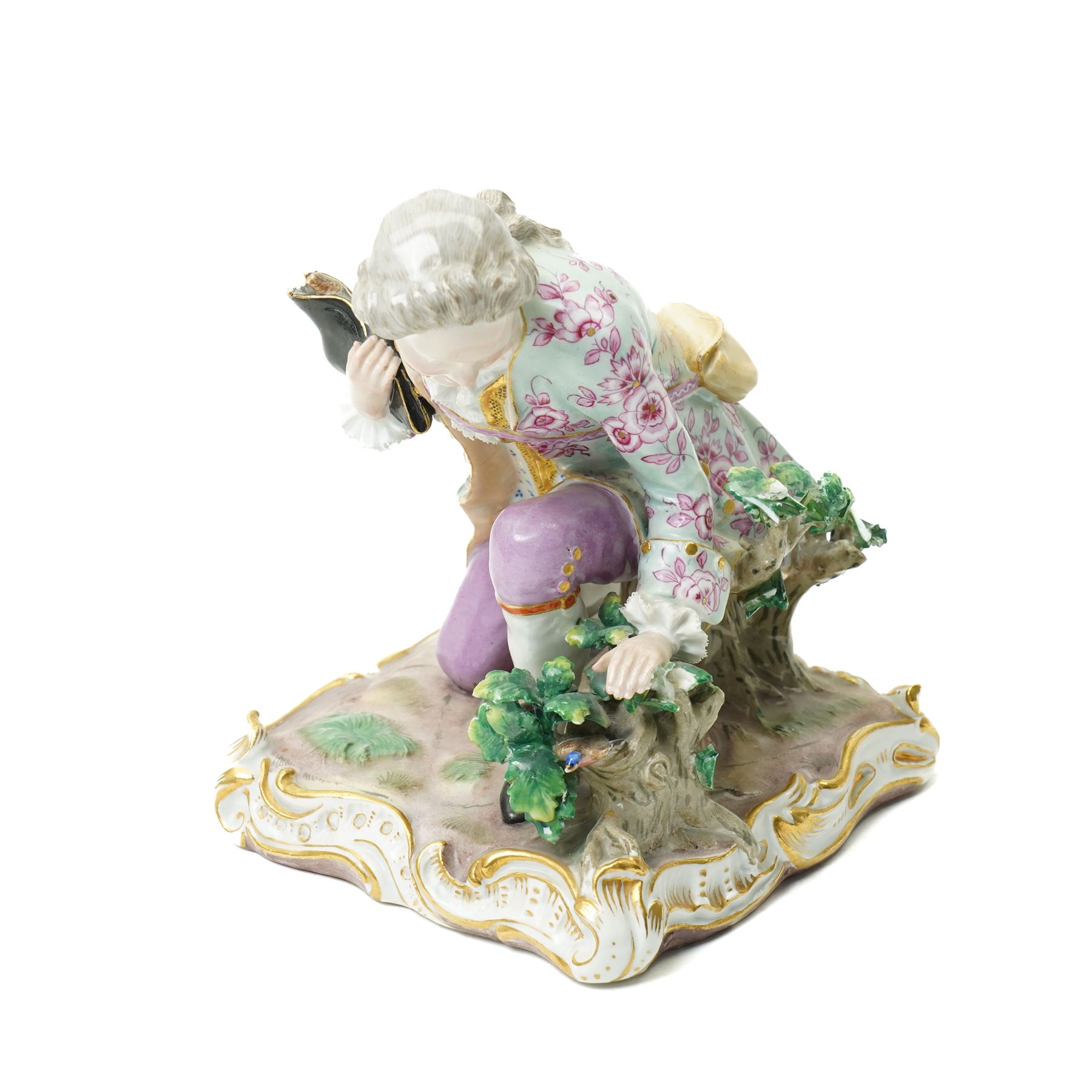19th century Meissen figure of a gallant kneeling on gilded square base H16cm