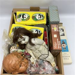 Various dolls, Christmas decorations and two boxed battery operated pandas etc