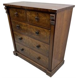 Victorian figured mahogany straight-front chest, fitted with two short over three long drawers, flanked by square pilasters, on skirted base