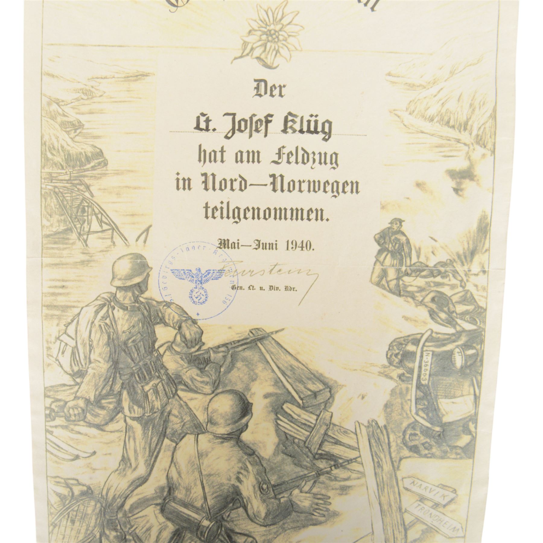 Third Reich Gruppe Fleurstein certificate for service in Northern Norway, Narvik etc. May - June 1940 
