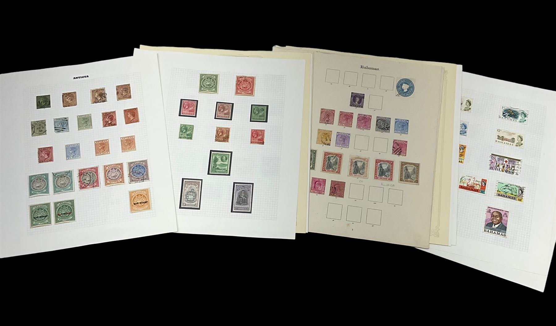 Antigua Queen Victoria and later stamps, including War stamp overprints etc and Bahamas Queen Victoria and later stamps, including Crown Colony, War Charity and other overprints etc, housed on pages