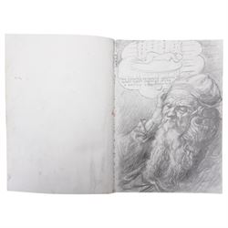 John Gilbey Bowles (British 1929-2011): Artist's Sketchbook - Surreal Art History Conversations, sketchbook containing thirty-four pages of pencil pastel and mixed media sketches of an art historical theme with interactions between famous paintings by different hands, most signed and dated 2008
Notes: examples include Edvard Munch's 'The Scream' reacting to a drawing by LS Lowry of street fighting; Albrecht Durer's drawing of a man dreaming of the Matisse line drawing; Hieronymus Bosch's 'The Last Judgment (detail) overseeing 'the Bacchanale Anglais' by Thomas Rowlandson; Toad of Toad Hall from the Wind in the Willows singing the praises of Henry VIII by Hans Holbein; a drawing by Leonardo Da Vinci admiring the humour in the drawing by LS Lowry; a Henry Moore drawing dreaming of a Thomas Rowlandson composition etc.