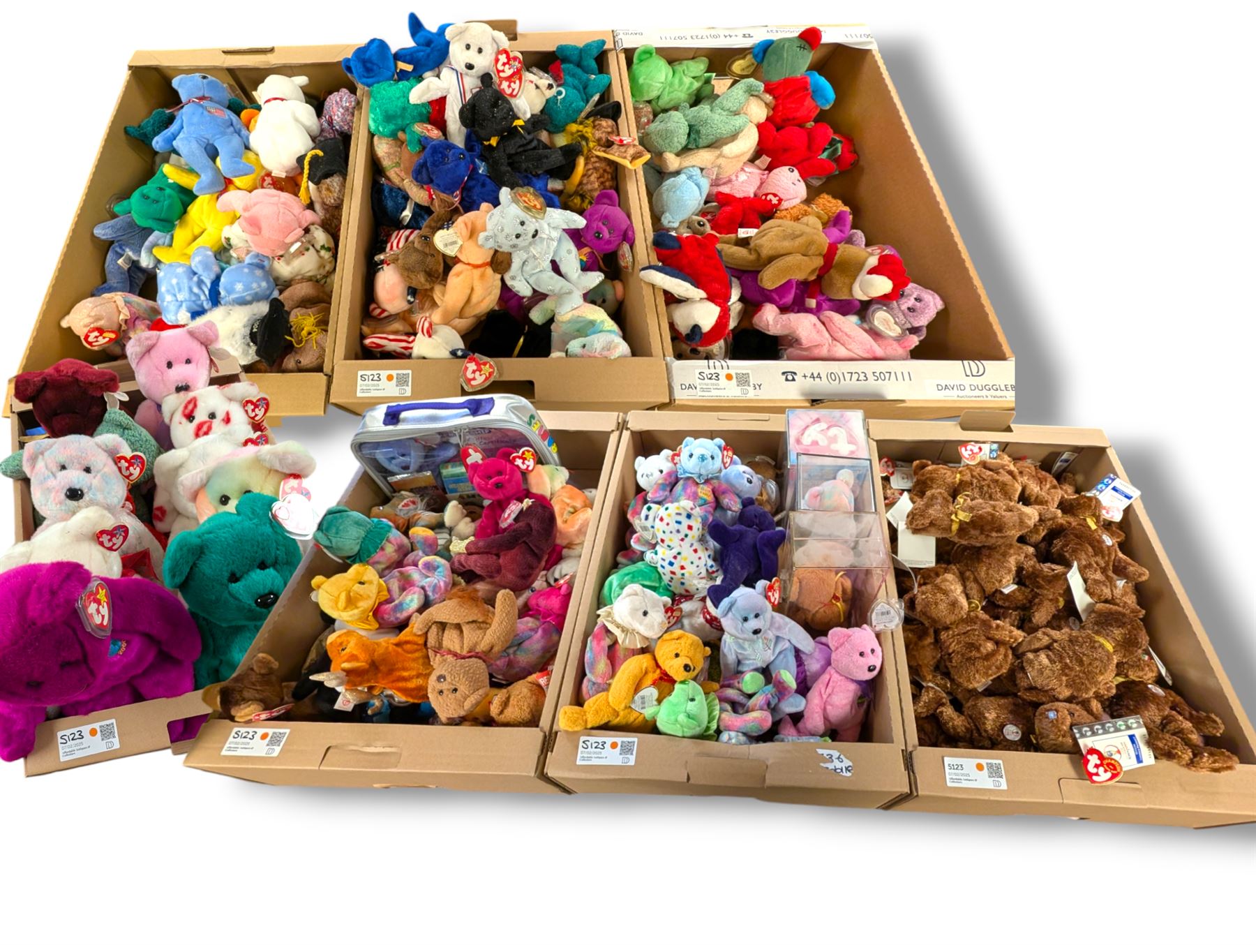 Large collection of TY Beanie Babies, including Princess the Bear, set of thirty two 2002 Fifa World cup bears, etc, mostly with tags in tag protectors, in seven boxes