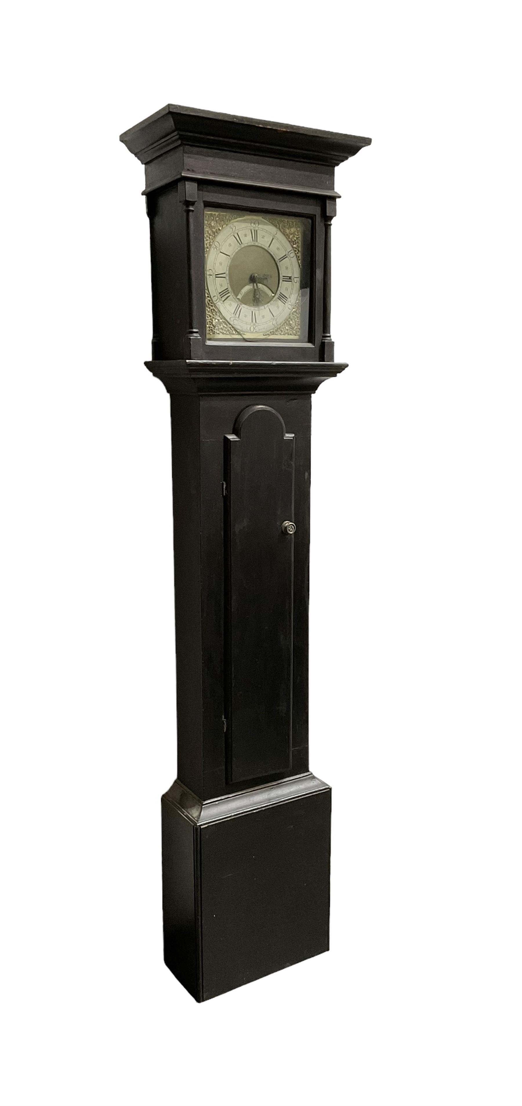 William Coulton of York - 18th century 30-hour ebonised longcase clock, with a flat pediment, broad cornice and plain frieze beneath,, square hood door with attached pillars, long break arch trunk door and rectangular plinth,  matted dial centre with curved date aperture and cast spandrels, chapter ring with Roman numerals, five minute Arabic's, minute and inner quarter hour tracks, count wheel striking movement striking the hours on a bell. With pendulum and weight.