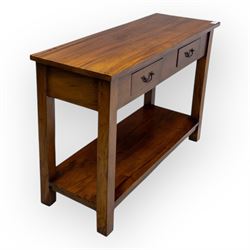 Contemporary console hardwood side table, with rectangular top and two drawers fitted with brass handles, on square legs joined by full-length lower shelf