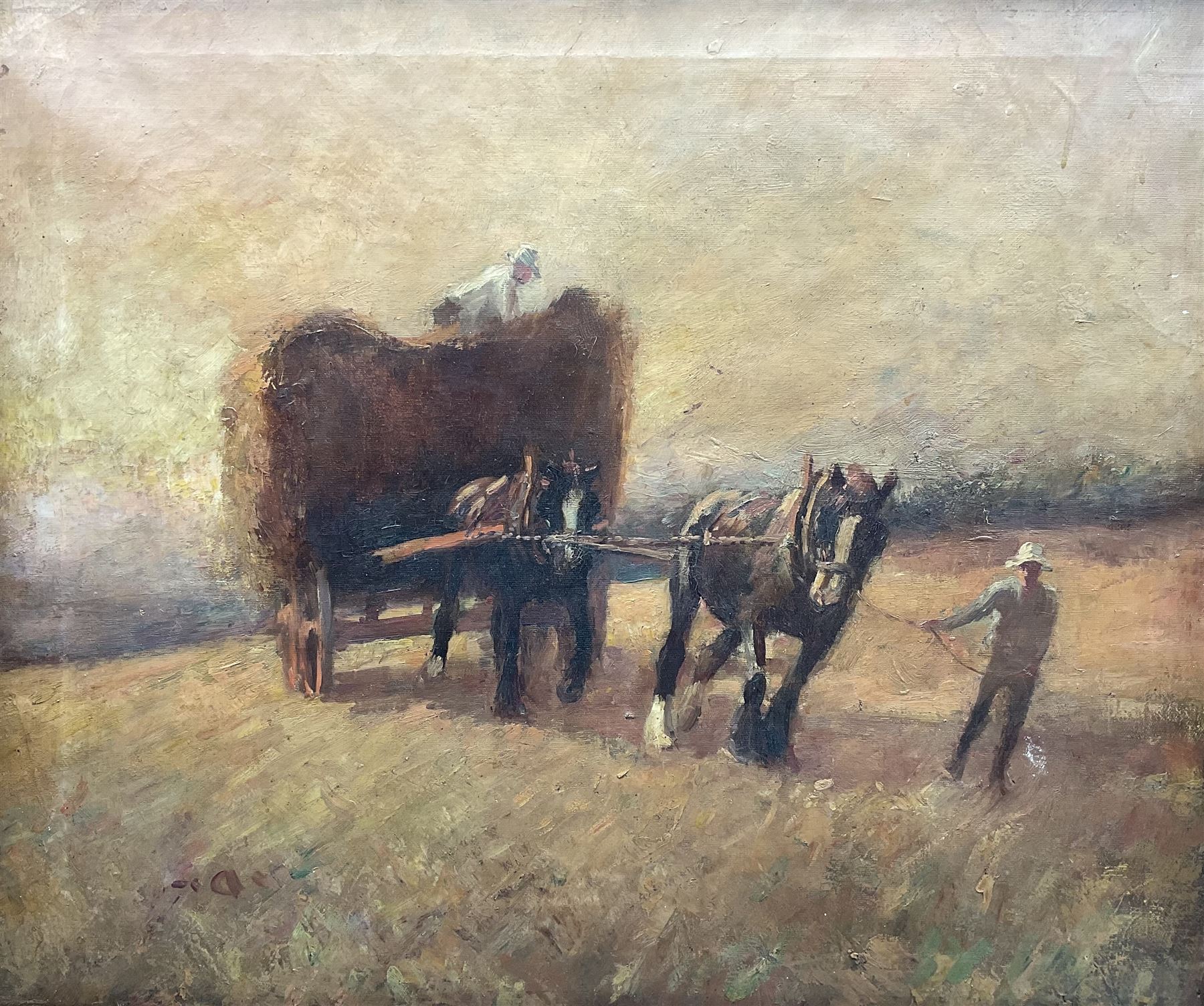 English School (Early 20th century): Pulling the Haycart at Sunset, oil on canvas unsigned 64cm x 76cm