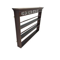 Chippendale design mahogany three-tier plate rack, fretwork frieze
