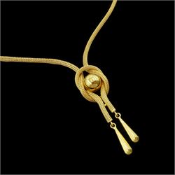 18ct gold mesh link necklace, with a knot and circular design pendant, stamped 750