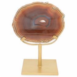 Pair of red agate slices, polished with rough edges raised upon gilt metal stands, H20cm