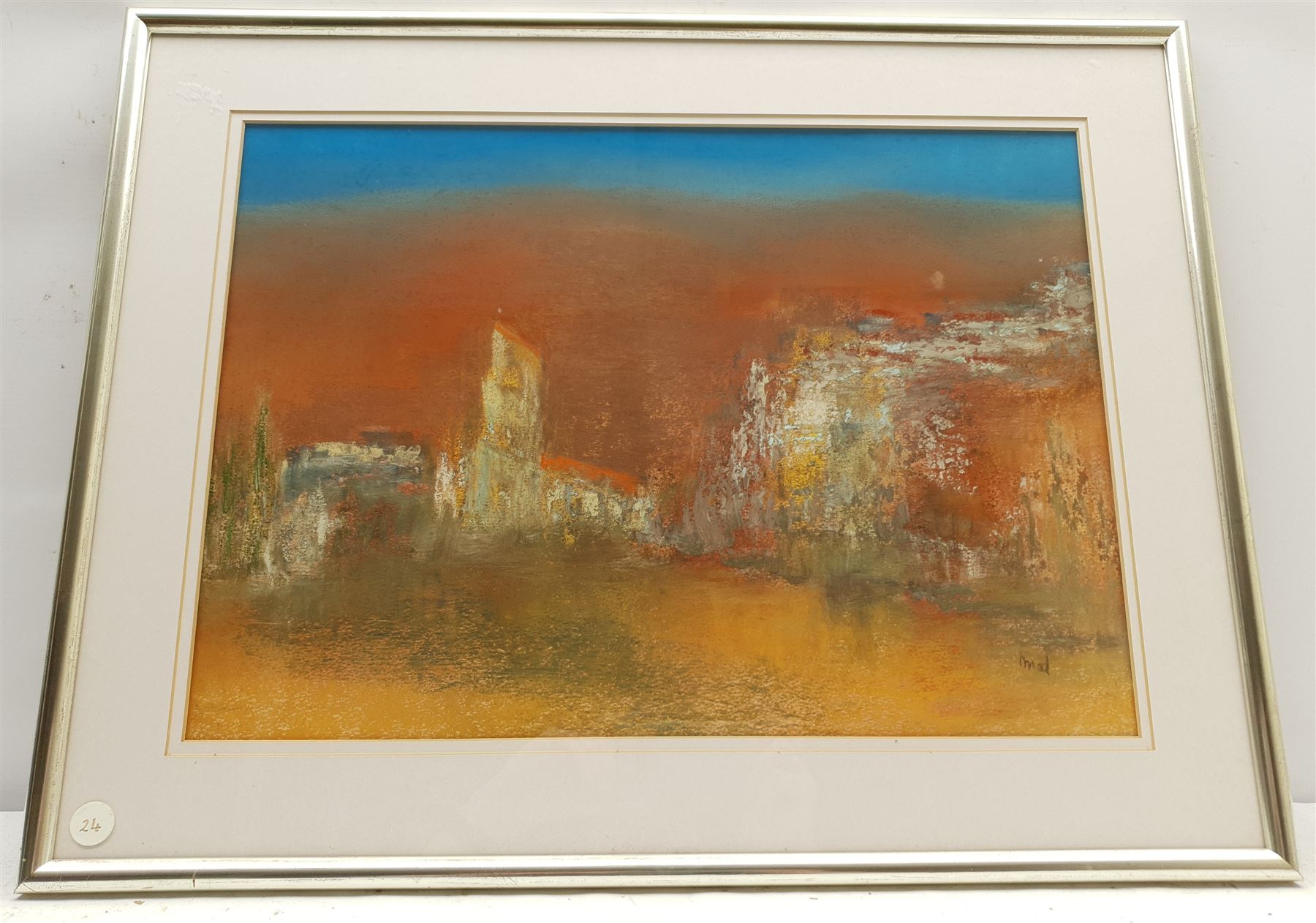 Madeleine Eyland (Belgian/British 1930-2021): 'Deserted Village', pastel signed, titled verso 33cm x 46cm 
Provenance: artist's studio collection. Marie-Madeleine Eyland (neé Legrain) was born in 1930 at Floriffoux, Belgium; she lived most of her life in Scarborough working as a nurse and an artist.