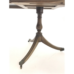  20th century Regency style cross banded mahogany triple pillar extending dining table with two leaves, turned columns on reeded sabre supports, with clips, W351cm, H74cm, D107cm  