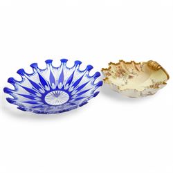 Bohemian glass bowl with blue decoration, together with a Royal Worcester blush ivory shel...
