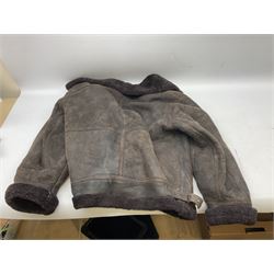 Panelled leather 'Fyling' jacket with sheepskin lining, UK medium, and two other similar jackets