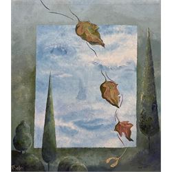 Paula Seller (Northern British Contemporary): Surrealist Sky with Leaves, oil on canvas signed 69cm x 61cm