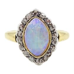 19th / early 20th century silver and gold, marquise cut opal and rose cut diamond cluster ring, stamped 18ct