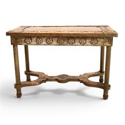 Arts and Crafts copper mounted coffee table, rectangular top with embossed foliate border and stylised corner motifs, studwork detail, on cylindrical supports united by pierced shaped stretcher with applied flowerhead bosses