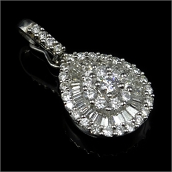  Baguette and round brilliant cut diamond white gold pendant, unmarked  