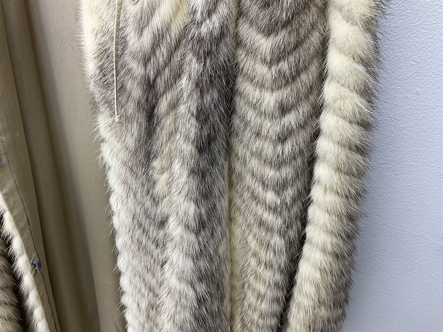 Saga mink full length fur coat, with chevron patterning to sleeves and body, with label to lined interior, approx size 12