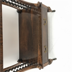 Victorian rosewood two tier etagere, scroll fretwork gallery back, carved elongated c scroll supports with scrolled terminals and barley twist supports, single drawer to base, turned and lobe carved feet with brass cups and castors, W77cm, H94cm, D36cm