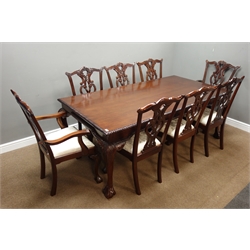  Chippendale style mahogany dining table, rectangular gadroon moulded top, acanthus carved cabriole legs with ball and claw feet (209cm x 105cm, H75cm), and set eight (6+2) dining chair with carved fret work back splats and drop in upholstered seats  