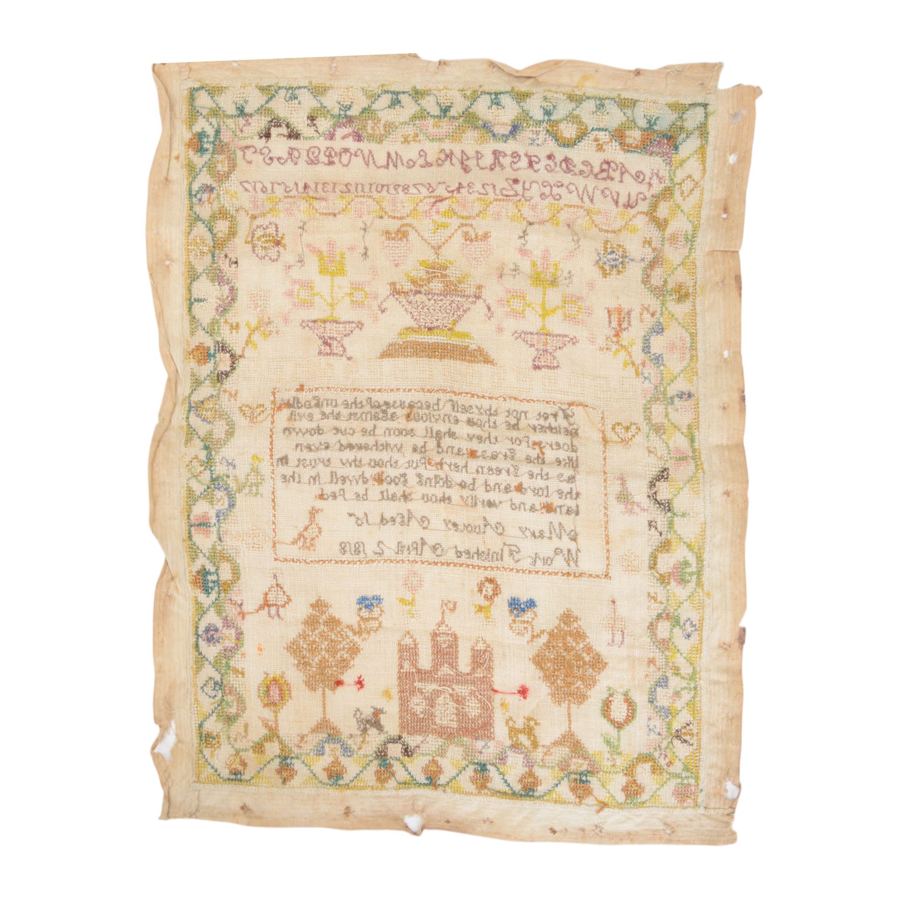 Early 19th century sampler worked by Mary Audley aged 15 years dated 1818, depicting alphabet and numbers above a religious passage, bordered by animals, buildings and insects, unframed, H45cm