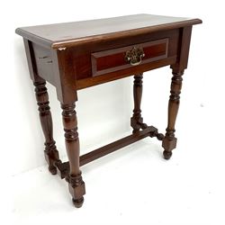 20th century mahogany side table, single drawer, baluster supports joined by stretcher
