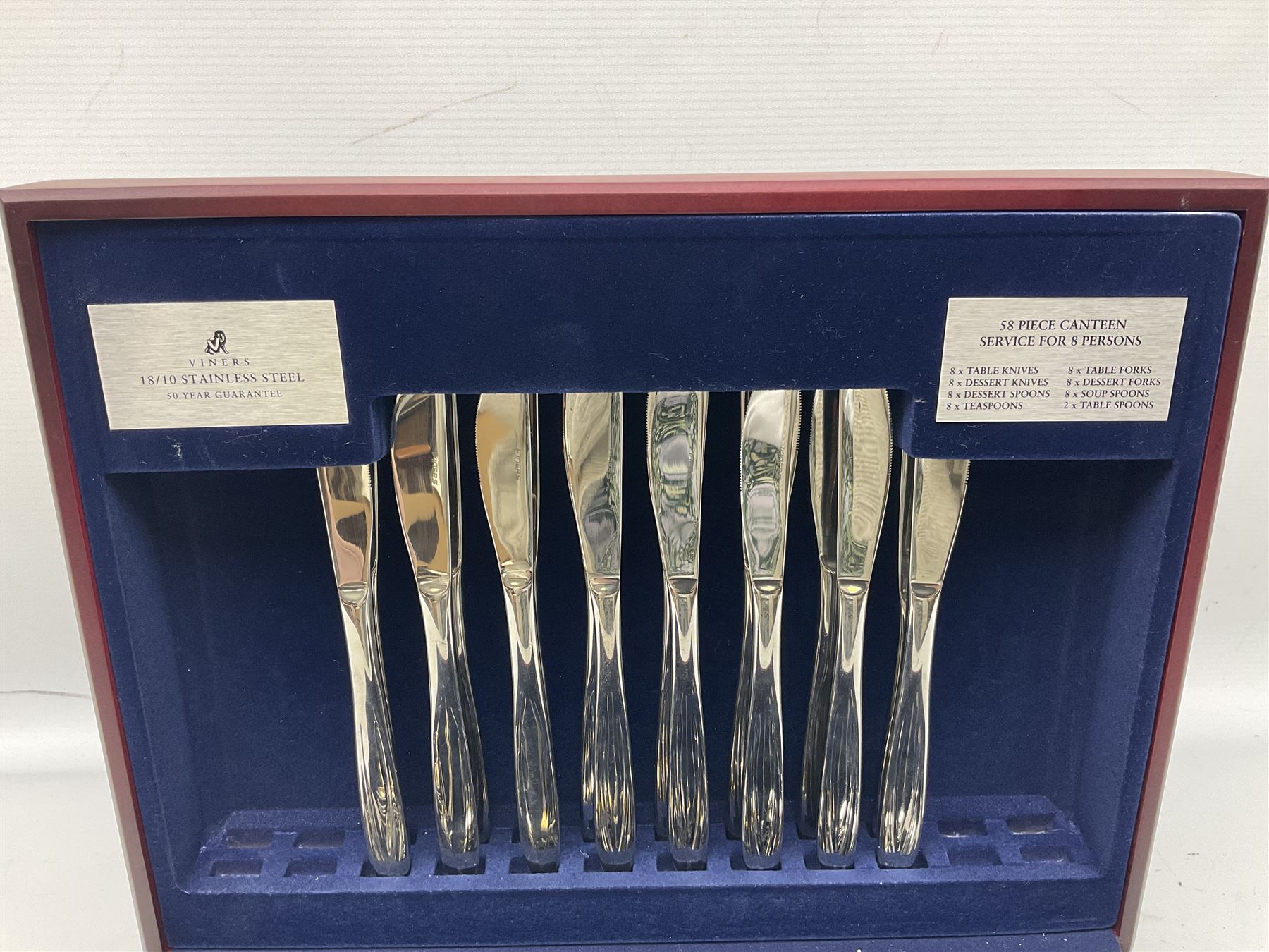 Viner's cased canteen containing 58 piece stainless steel cutlery set, L38.5cm