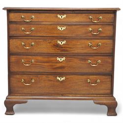George III mahogany chest, moulded rectangular top over five long cock-beaded drawers, each fitted with brass swan neck handles and circular plates, with shaped brass escutcheons, lower moulding over ogee bracket feet 