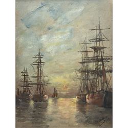 Edouard Adam (French 1847-1929): Masted Ships at Sunset, oil on board signed and dated 1907, 32cm x 25cm 
Provenance: Robin Hood's Bay family ownership for many years