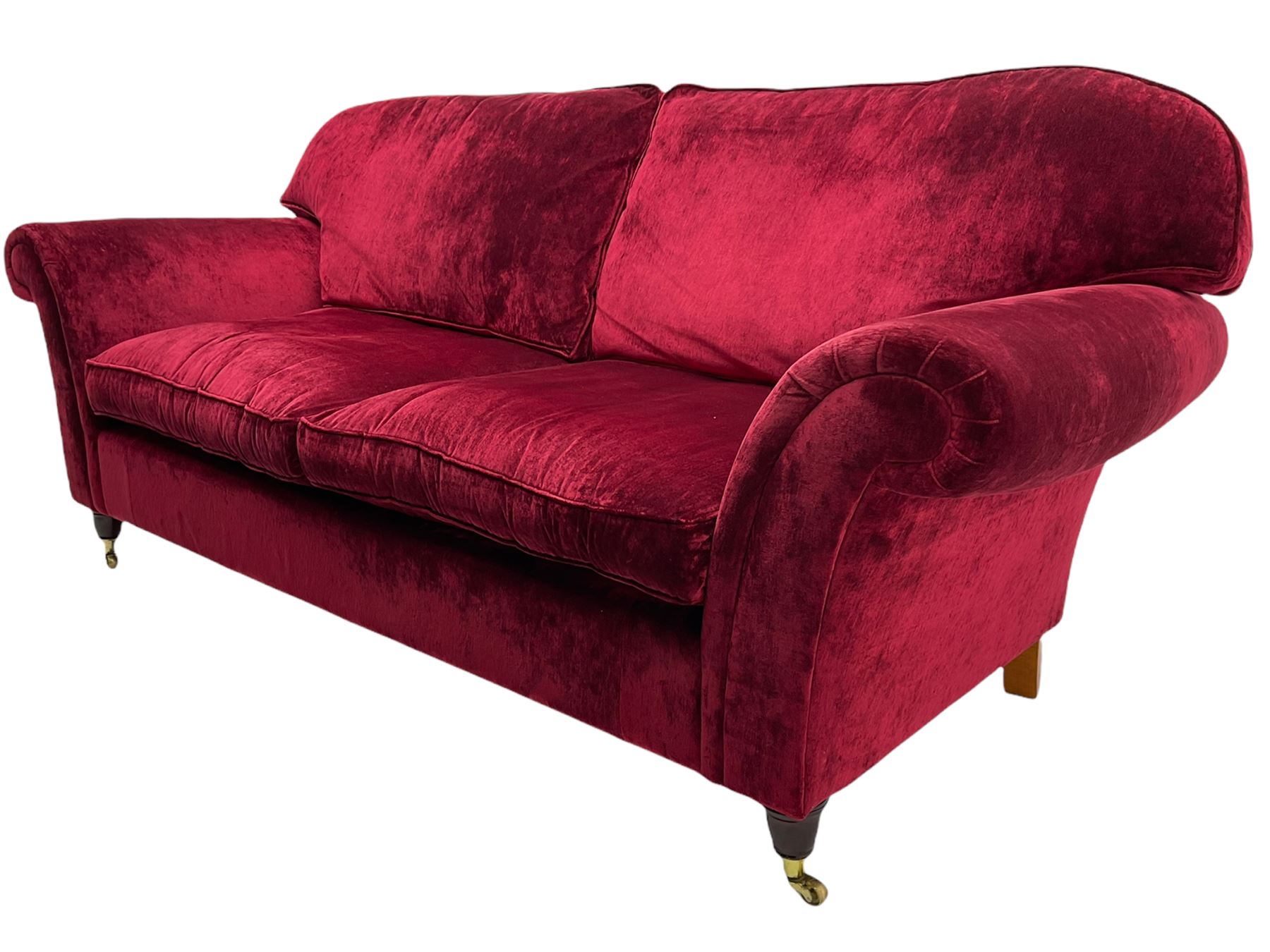 Laura Ashley - traditional shaped three seat sofa (W225cm, D95cm), and matching two seat sofa (W182cm), upholstered in crushed red velvet fabric 