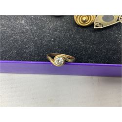 9ct gold cubic zirconia ring, Baccarat glass ring, silver jewellery, large collection of costume jewellery including Burberry brooch, Monet earrings and Esso England World Cup Squad tokens