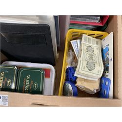 Stamps and coins, including Great British pre-decimal coins, world coins, three Australia stamp yearbooks, first day covers, loose stamps, empty folders, etc, in two boxes