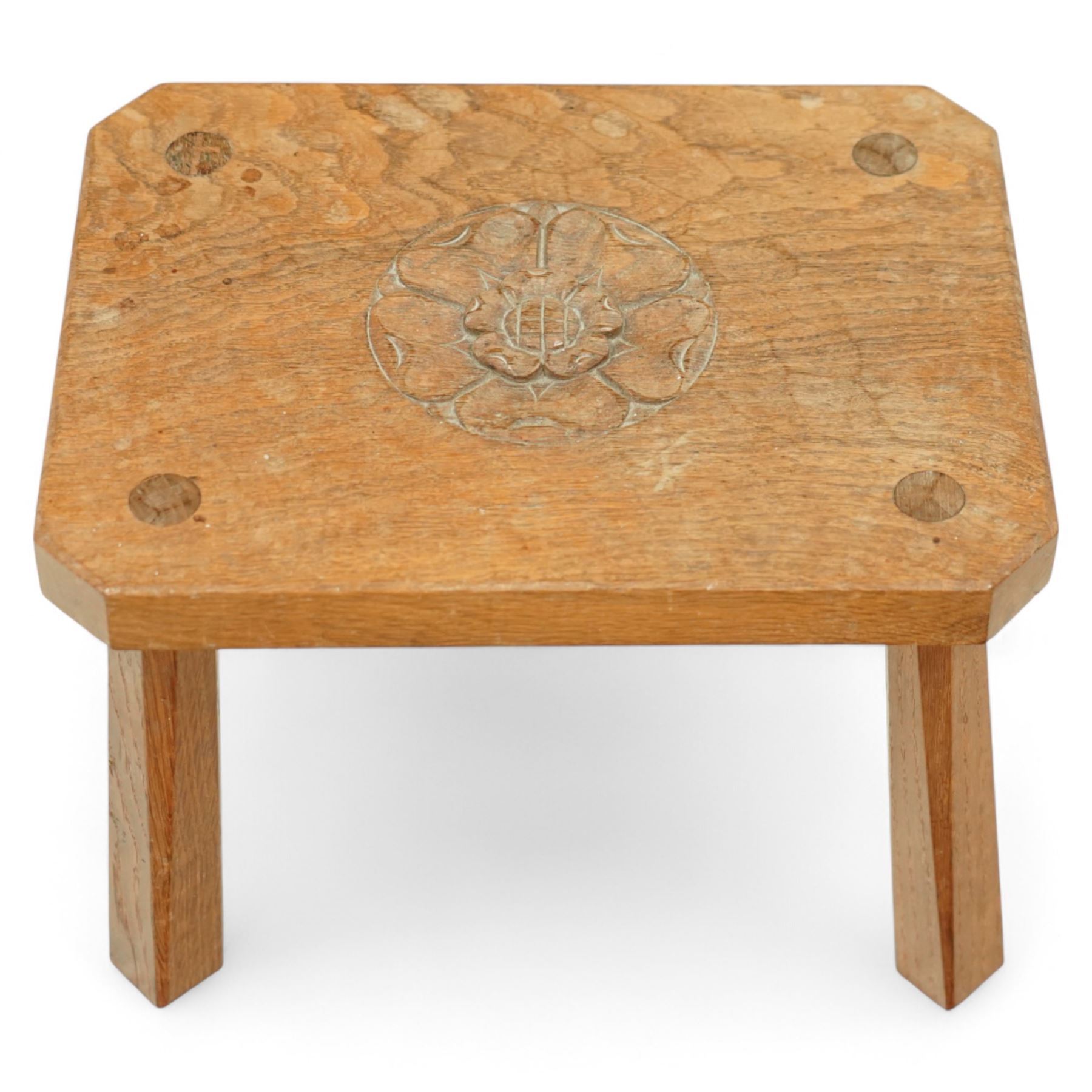 Judith Pearson - contemporary Yorkshire oak stool, rectangular chamfered top with adzed surface, centered by a carved Tudor rose, raised on square chamfered out swept legs 