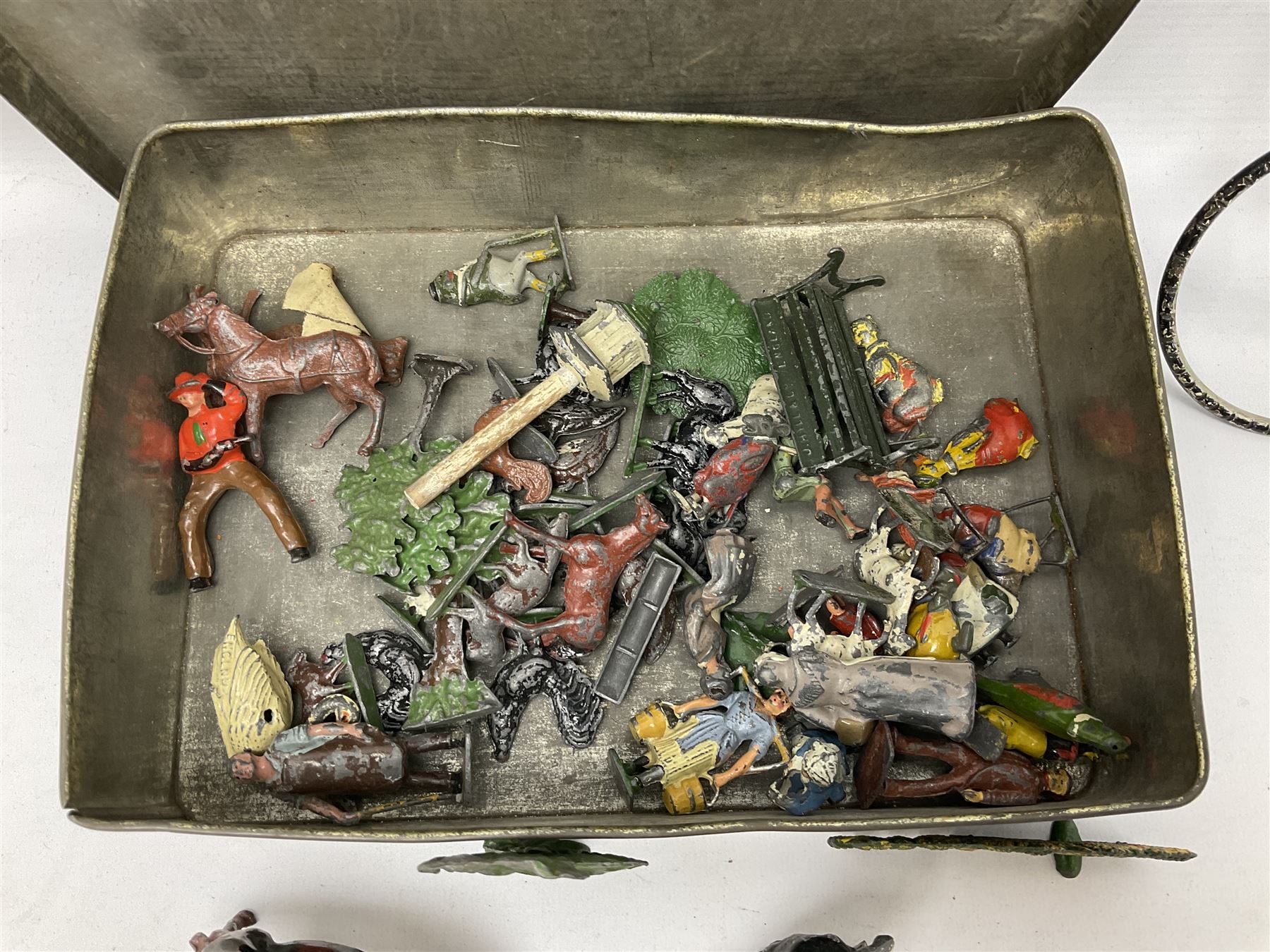 Chad Valley clockwork Fordson Major Tractor, a group of play worn Britains and other lead and metal farm animals, figures and accessories including a kennel, haystacks, dovecote, cows, sheep etc, together with a diecast model of a Tandem Bike L31cm