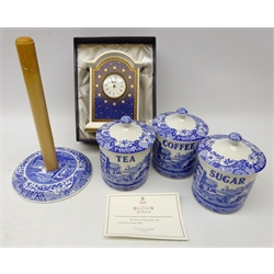  Spode The Millennium Collection porcelain mantle clock, with box and certificate, set three Spode Italian Tea, Coffee & sugar jars and kitchen roll stand (5)  