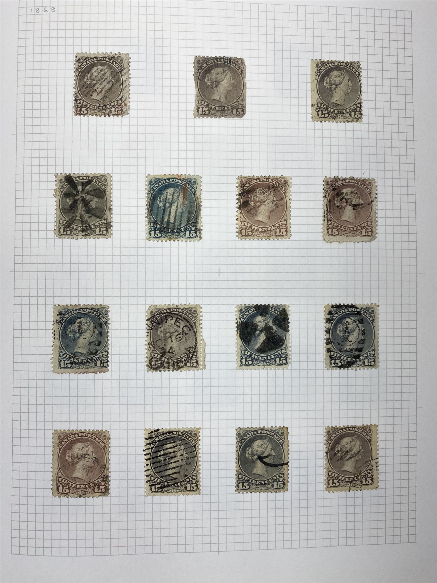 Canada Queen Victoria and later stamps, including 1852-57 six pence, ten pence etc, duplicates throughout showing variation, various King Edward VII issues, stamps on covers, Queen Elizabeth II unused blocks etc, housed in an album