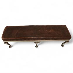 Early 20th century mahogany window seat in the George II style, with rectangular padded seat upholstered in brown velvet, raised on cabriole legs with carved shell knees and pad feet